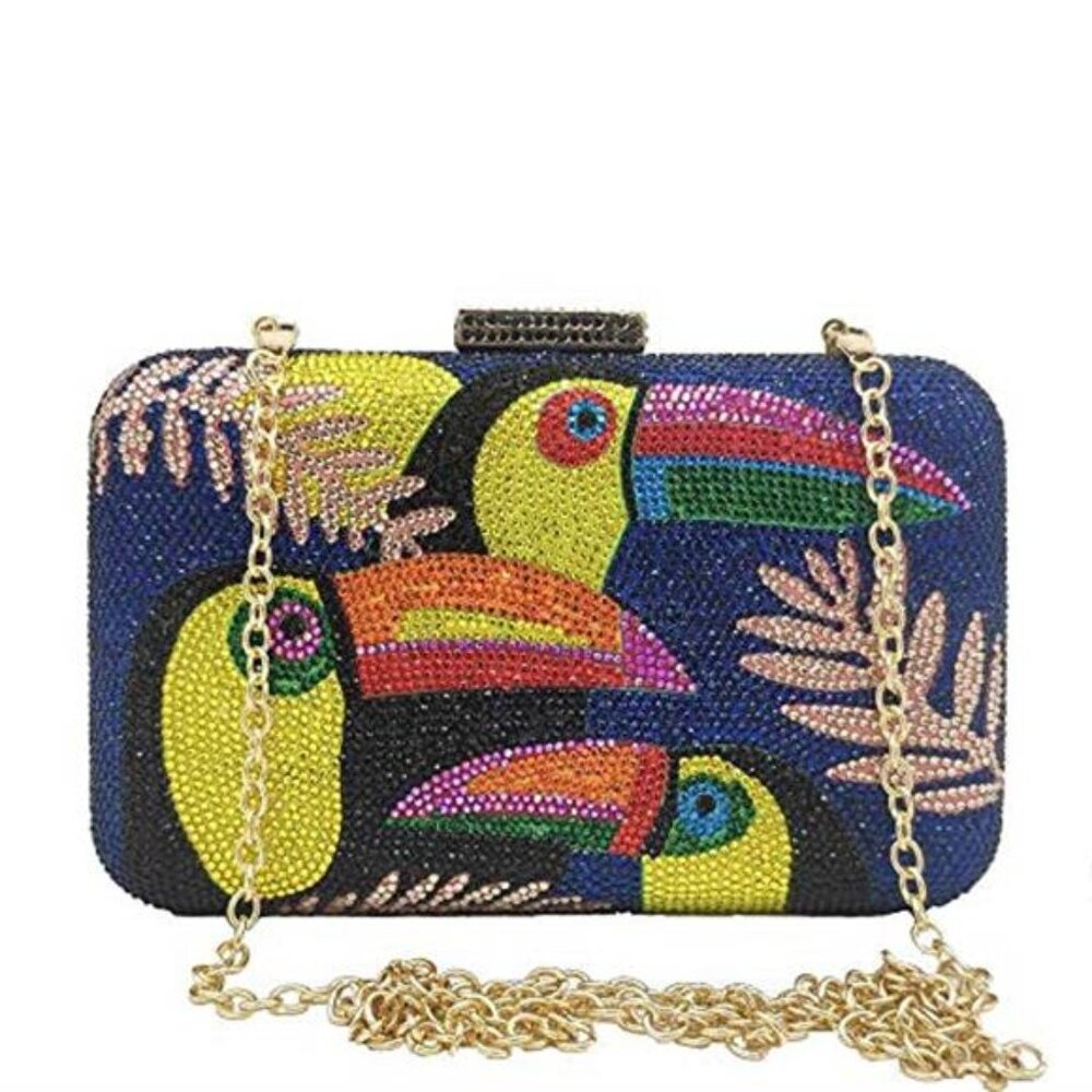 TOUCANS! Beautiful Novelty Toucan Print Crystal encrusted CLUTCH PURSE Hand Bag